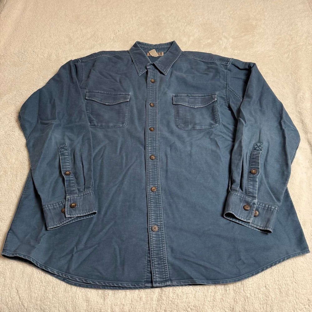 washed blue heavyweight duluth trading co button up workwear shirt
